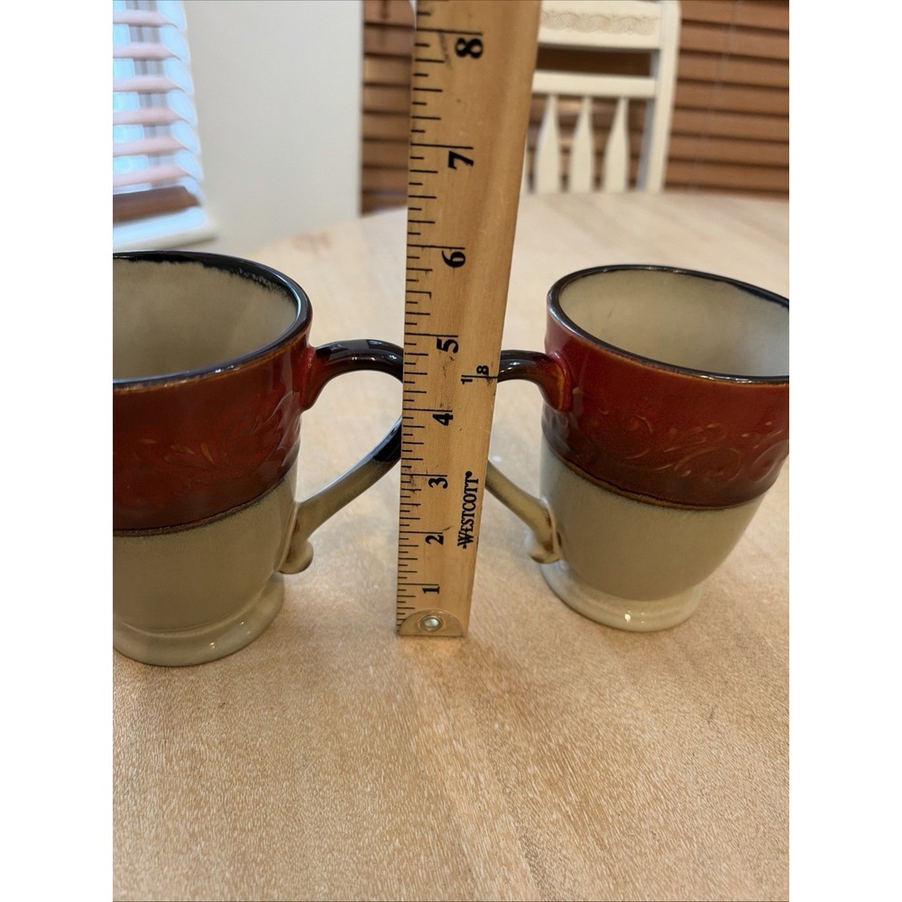 Pier 1 Red Scroll Stoneware Pedestal Coffee Mug Red & Tan 16 Oz Set 2